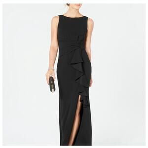 Betsy and Adam Black Ruffled Bow Scuba Crepe Gown - 10 (New)